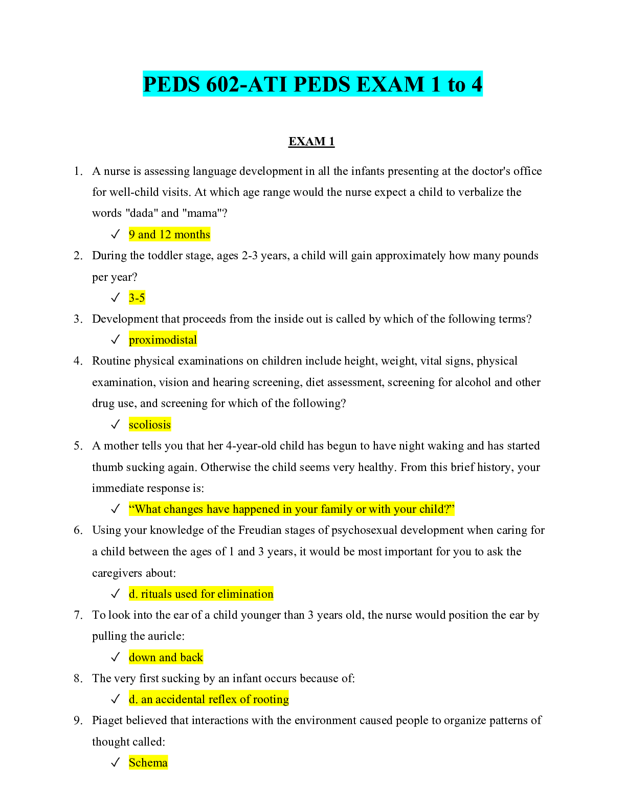 Preview of PEDS 602-ATI PEDS EXAM 1 to 4